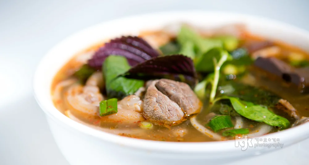 Bowl of noodle soup with sliced meat, red onion and fresh herbs.