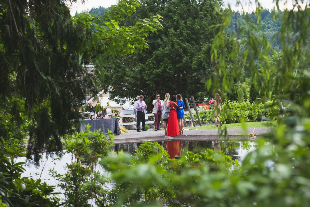 Wide view across a garden pond toward an outdoor wedding ceremony at Chateau Ste. Michelle.